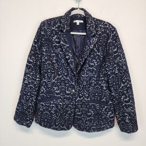 Cabi Womens Filigree Jacquard Blazer Coat Size 12 Blue Wool Blend Darted Waist